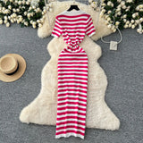 Chic Vintage Collar Single Buckle Began Striped Knitted Dress Female Thin