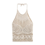 Wind Summer New 2025 Women's Clothing Hollow Knitted Neck Bare Back Leisure Vest Blouse