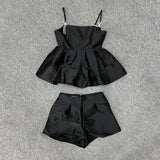 Industry Diamond Bow Spicy Girls Strap Tank Top Women Spring High Waist Wide Leg Short Black Two Piece Set Women Outfits-Outfit