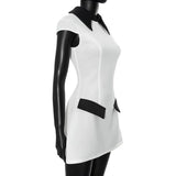 White Collar Contrast Short Sleeve Mini Dress-Outfit