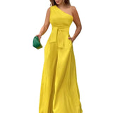 Toloer Women's 2023 Summer Diagonal Collar Irregular Off-Shoulder High-Waist Bag Wide Leg Pants Casual