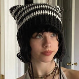 Toloer New Knitted Hat Fox Ear Devil Horn Striped Wool Hat Female-Outfit
