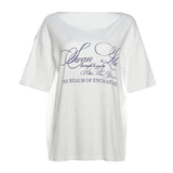 Summer New Women's Street Fashion Letter Print Slanted Shoulder Short-Sleeved Loose T-Shirt