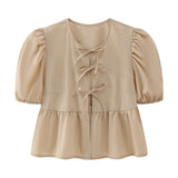 Toloer Sweet Gentle Wind Pure Color Lace Design Shirt Fashion Niche Bubble Short Sleeve Temperament Women's Dress-Outfit