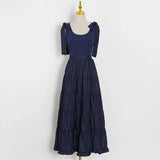 Minimalist Solid Dress For Females Square Collar Sleeveless High Waist Self Tie Bowknot Summer Women's Dresses
