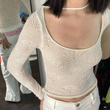 Y2k Heart Embroidery Tops Vintage Hollow Out Knit T-shirt Full Sleeve Harajuku Sexy Slim Tee Shirt See Through