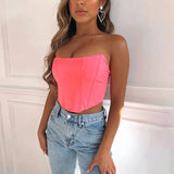 Toloer Light Color Ding Arc Wrapped Chest Female Playful Sexy Wind Back Exposed A Word Collar Slim Top-Outfit
