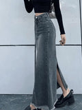 Back Slit Patchwork Long Denim Skirt-Outfit