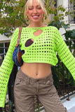 Out Cropped Knit Smock Top Women Flare Sleeve Y2K Clothes Fairy Grunge Loose Distressed Crochet Pullovers Sweater