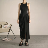 Pleated Casual Dress For Women O Neck Sleeveless High Waist Solid Elegant Midi Dresses Females Summer Clothing