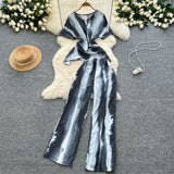 Mature Two Sets Of Women's Summer Dress Design Cross-Round Neckline Short-Sleeved Print Top High-Waisted Casual Broad-Legged