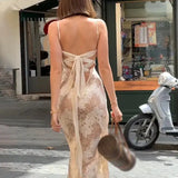 Beige Black Tie Up Lace Mesh Maxi Dress-Outfit
