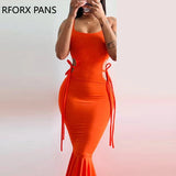 Women Solid Elegant Glamourous Tank Midriff Lace Up Shirring Silt Maxi Mermaid Bodycon Party Formal Dress-Outfit