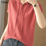 Women's T Shirt 100% Cotton Knitted Hooded T Shirt Short Sleeve Korean Loose Hoodies Cotton Linen V-neck Tshirts 2022 Summer