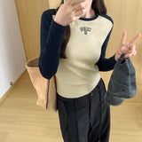 Slim Long-Sleeved T-Shirt Women's Early Autumn New Style Embroidered T-Shirt With Round Neck Blouse-Outfit