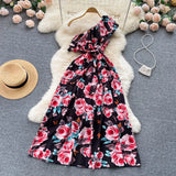 Irregular Ruffled Floral Print Dress Sashes Women Summer 2022 Vacation Slim Fashion Sexy Ladies A Line Long