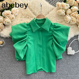 Retro Solid Blouse Women Korean Flying sleeve Casual Tops Spring Fashion Streetwear