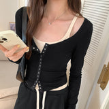 Small Number Of Hot Girls Press Button Low-Collar Retro Cardigan Blouse Women's Autumn New Style Long-Sleeved T-Shirt-Outfit