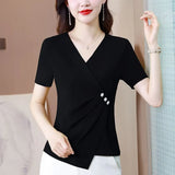 Color Summer Women's Clothing Shirring Pullover Button V-Neck Short Sleeve Asymmetrical T-shirt Casual Elegant Tops-Outfit