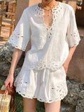 And Summer New French Embroidered White Cotton Set Women's Short-Sleeved Holiday Shorts Set Women's