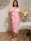 Elegant Square Collar Lotus Leaf-Side Dress Banquet Temperament Flower High-Waisted Hip Dress