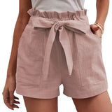 2025 Summer Women's Loose Flax Leisure Shorts Pocket Solid Colored High-Rise Broad