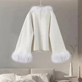 Feather Collar Cape Rhinestone Buttoned Coat-Outfit