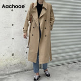 Aachoae Women Solid Long Trench Coat Double Breasted Elegant Office Coat With Belt Batwing Sleeve Female Casual Jacket