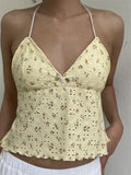 Retro Women Lace Halter Camis Tops Sleeveless Embroidery Floral Print Slim Fit Backless Tie-up Tank Summer Mini Vest-Outfit