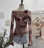 Shooting Lace Splicing Oblique Shoulder Thin Tie-Dye Mesh T-Shirt Girl T-Shirt T-Shirt Shawl T-Shirt