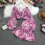 New Summer Fashion All-match V-neck Lantern Sleeve short Shirt + high waist slim floral Skirt 2-piece