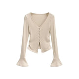 Fashion Women's Fashion Autumn And Winter New Spice Girl V-Neck Single-Breasted Flared Sleeve Knitted Cardigan Slim T-Shirt-Outfit