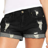Elastic Holes Ripped Denim Shorts Woman-Outfit