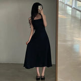 Toloer Chic Summer French Hepburn Wind Square Collar Dew Collarbone Waist Show Thin Big Pendulum A Line Dress Woman-Outfit