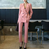Fashion 2 Piece Set Women Blazer Set Double-Breasted Slim Jacket Pants Suit Office Ladies Work Female