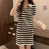 Version Of Temperament Striped T-Shirt Dress Retro POLO Received Waist-Skinny Straight Dress Summer Dress