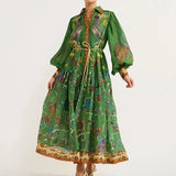Women's Retro Printed Lantern Sleeves Waist Swing