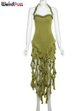 Y2K Halter Party Dress Women Backless Chic Irregular Tassel Hem Summer Sexy Birthday Party Split Midnight Club Bodycon-Outfit