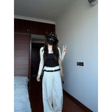 Rice White Temperament Spliced High-Waisted Casual Pants Women Spring New Small Loose Broad Legs Long