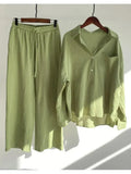 Linen Shirts Wide Leg Elastic Waist Pants Women Casual Sets Elegant Loose Long Sleeve Lapel 2023 Autumn Shirt Y2k Suit-Outfit
