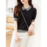 Toloer Photo Doll Collar Jacket Female Summer Ice Silk Short-Sleeve T-Shirt False Two Striped Knit Half Sleeve Small Shirt-Outfit
