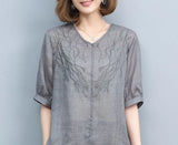 Clothing Cotton Hemp Women's 2023 New Short Sleeve T-shirt Summer V-Neck Graphic Fashion Elegant Loose Vintage Tops-Outfit