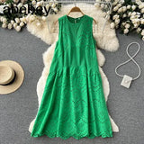 2022 Summer New Lace Embroidery Dress Women Sleevelesss Dresses Female Vintage Party Beach Maxi Long