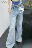 Hole Hollow Out Denim Pant For Women High Waist Patchwork Belt Loose Streetwear Wide Leg Pants Female Spring