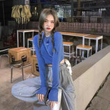 Toloer Tie Long Sleeve T-Shirt Female Spring Fall 2024 New Design Sense Short Top Ins Tide Crop Bottom Shirt-Outfit