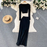 Autumn Fashion Two Pieces Suits V Neck Mini Top+ Hight Waist Slim Long Dress Women Streetwear Solid Knitted