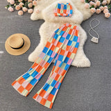 Women Zebra Summer Fashion Korean Set Sexy Off Shoulder Strapless Short Tops+High Waist Gradient Long Pants Two Piece Suits