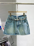 Denim Bow Polka Dot Printed Butterfly Chain Mini Skirt-Outfit