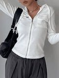 White Zip-Up Hooded Cropped Knit Top-Outfit
