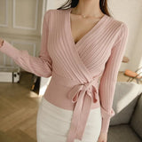 Cross V Neck Pink Sweater Women Long Sleeve Wrap Spring Autumn Lace Up Knitted Sweater Black OL Jumper Ladies Tops